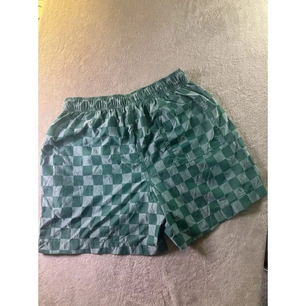 Nike Men's Green Check Swim Shorts Size M Logo Elastic Waist Drawstring
